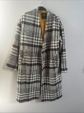 Zara Black & White Plaid Open-Front Coat with Mustard Lining